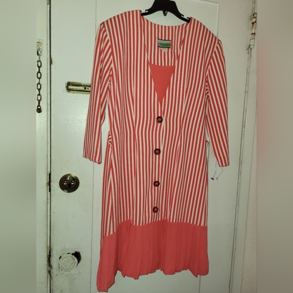 Vintage 90s Breakin Loose Red White Striped Button Up Fit Flare Dress size 5/6
